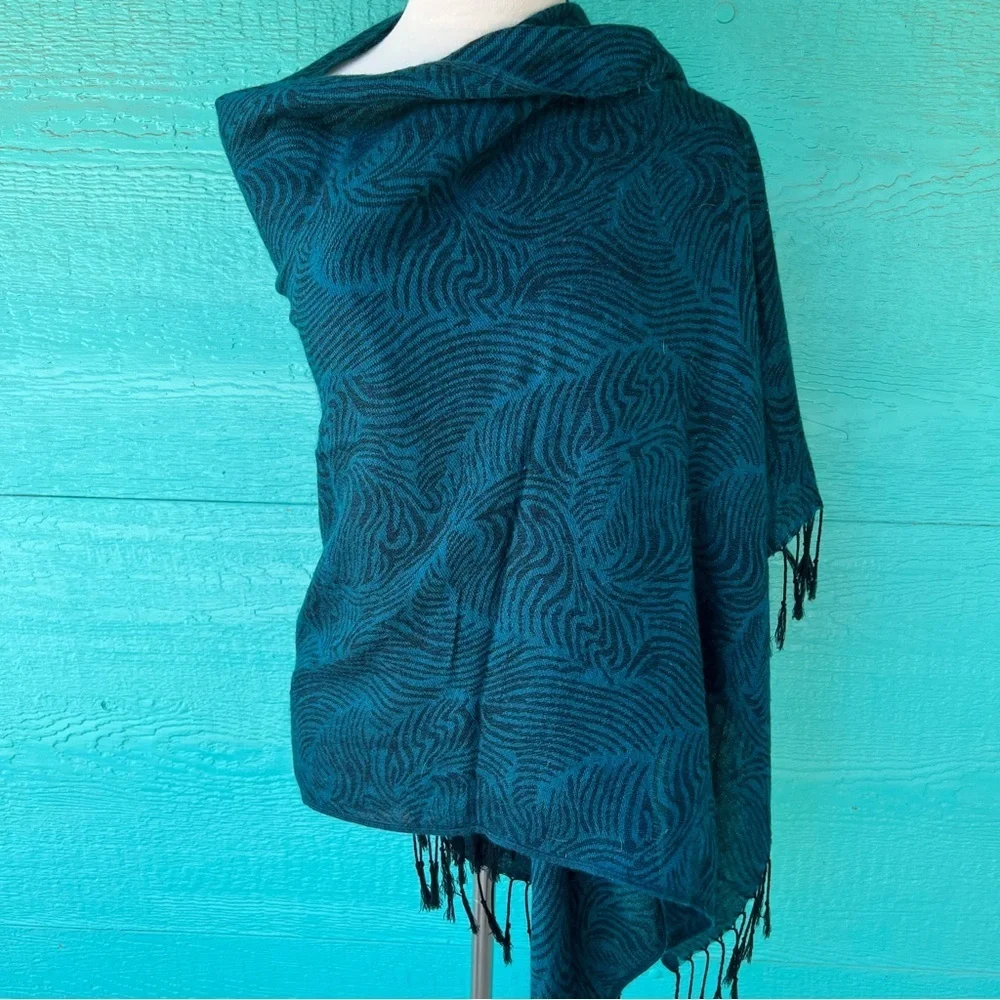 100% CASHMERE DARK TEAL BLUE AND BLACK ZEBRA PRINT LARGE FRINGE SCARF BELT WRAP